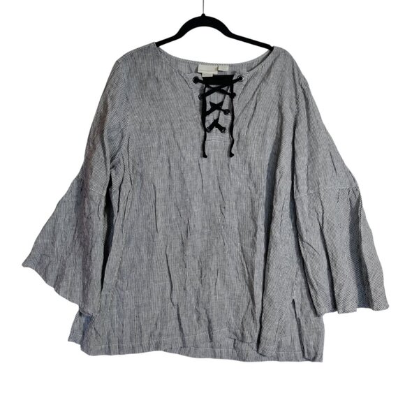 Cynthia Rowley Blue Linen Top Bell Sleeve Striped Blouse‎ Lightweight Size 2X - Picture 1 of 8